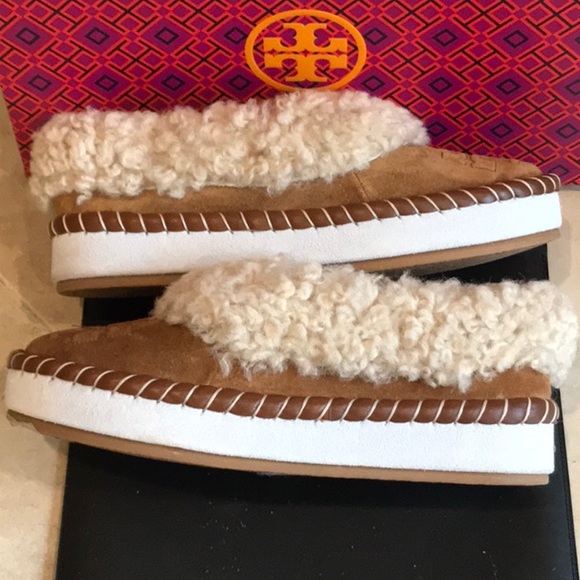 TORY BURCH SUEDE SHEARLING LOGO LOAFER SLIPPERS - Picture 8 of 10
